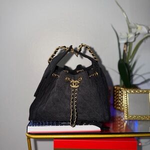 CC 25 Black Denim Bucket Bag Handbag with chain strap